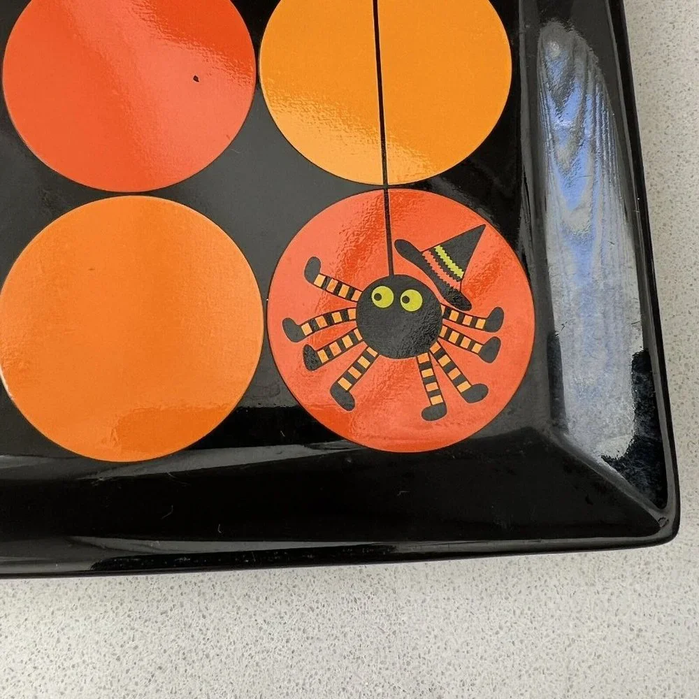 Crate & Barrel Square Halloween Spider Appetizer Plate Ceramic Black Orange